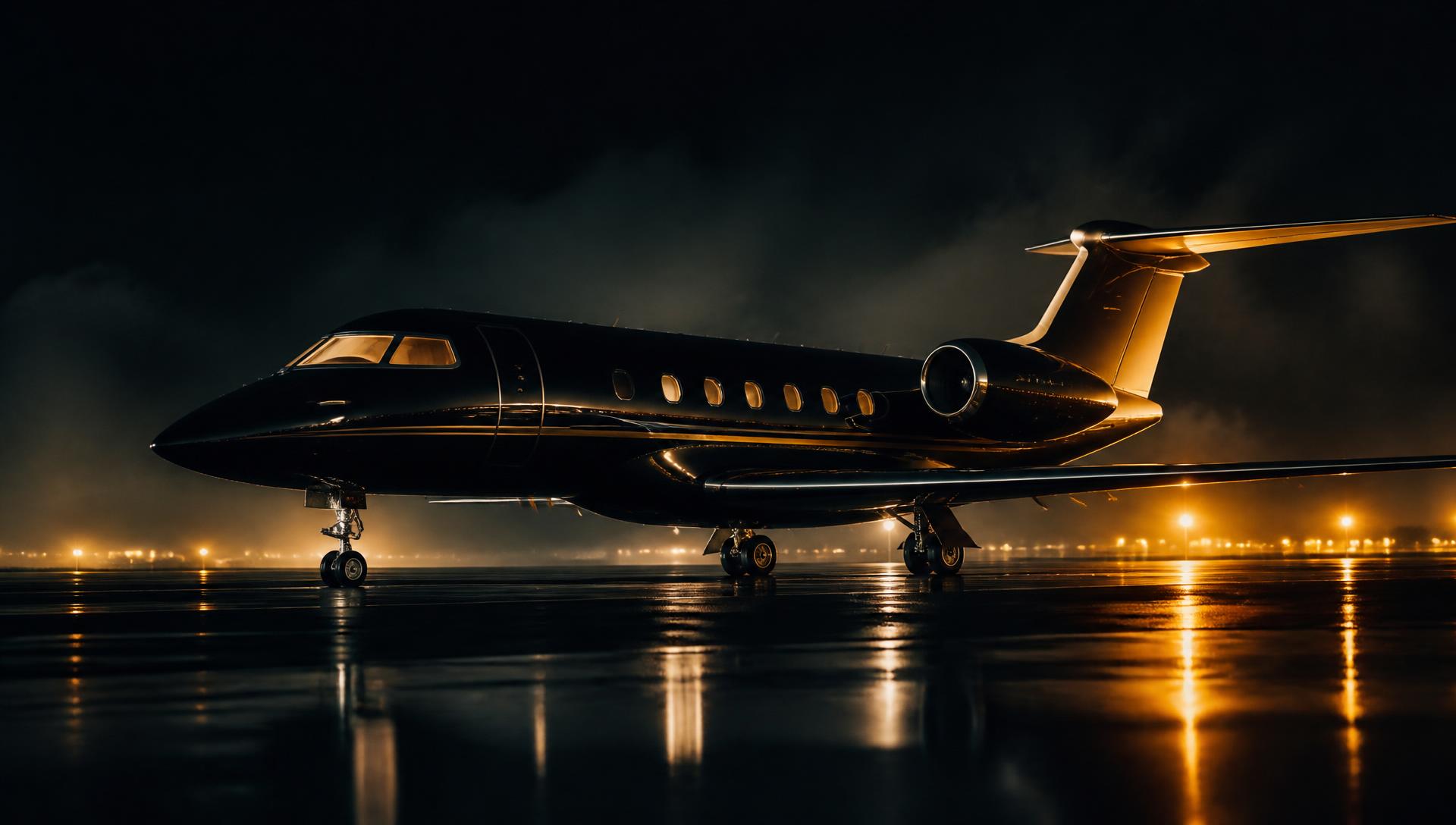 Private jet on a floodlit runway at night